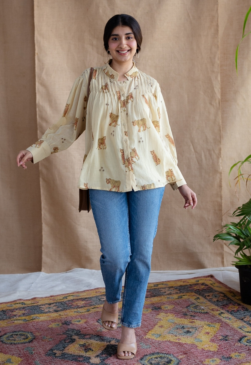 Kanha Bagh Ajrakh MulMul Light Yellow Cotton Top