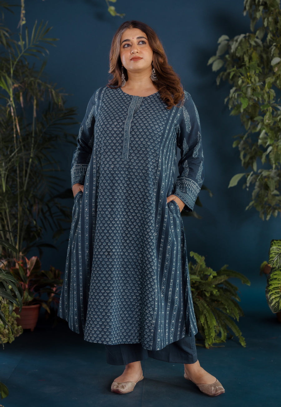 Hitika Blue Ajrakh Cotton Kali Kurta