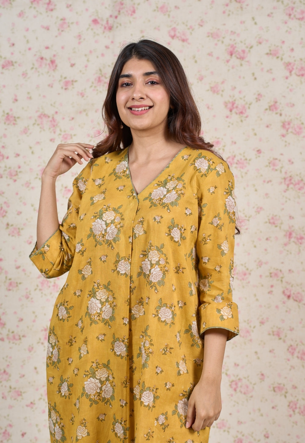 Hazel Yellow Sanganeri Mul Cotton Straight Kurta