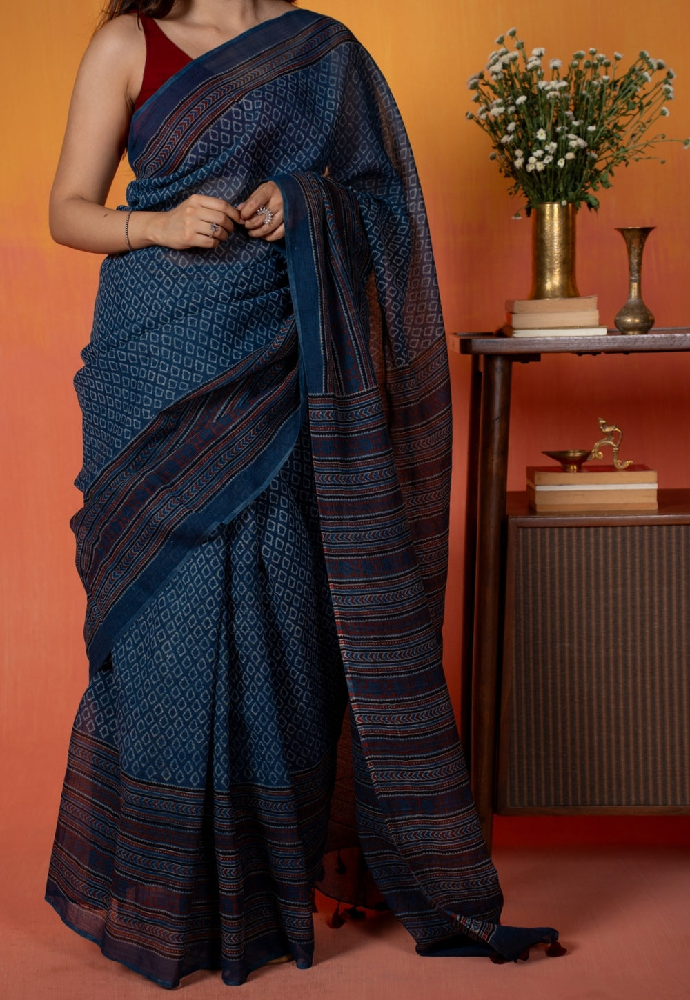 Blue Floral Border Ajrakh Hand Block Print Kota Doria Cotton Saree