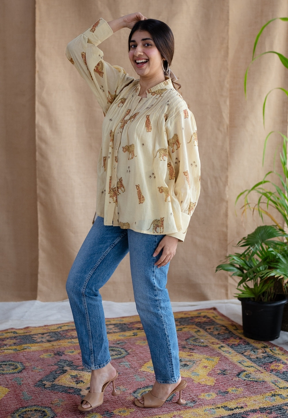Kanha Bagh Ajrakh MulMul Light Yellow Cotton Top