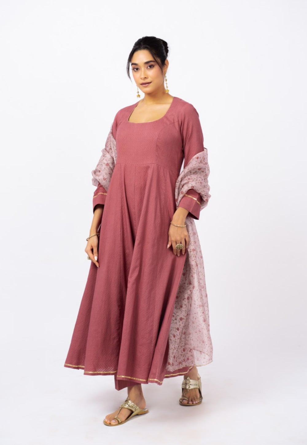 Kainat Pink Solid Cotton Kali Kurta Suit Set with Printed Dupatta (Set of 3)