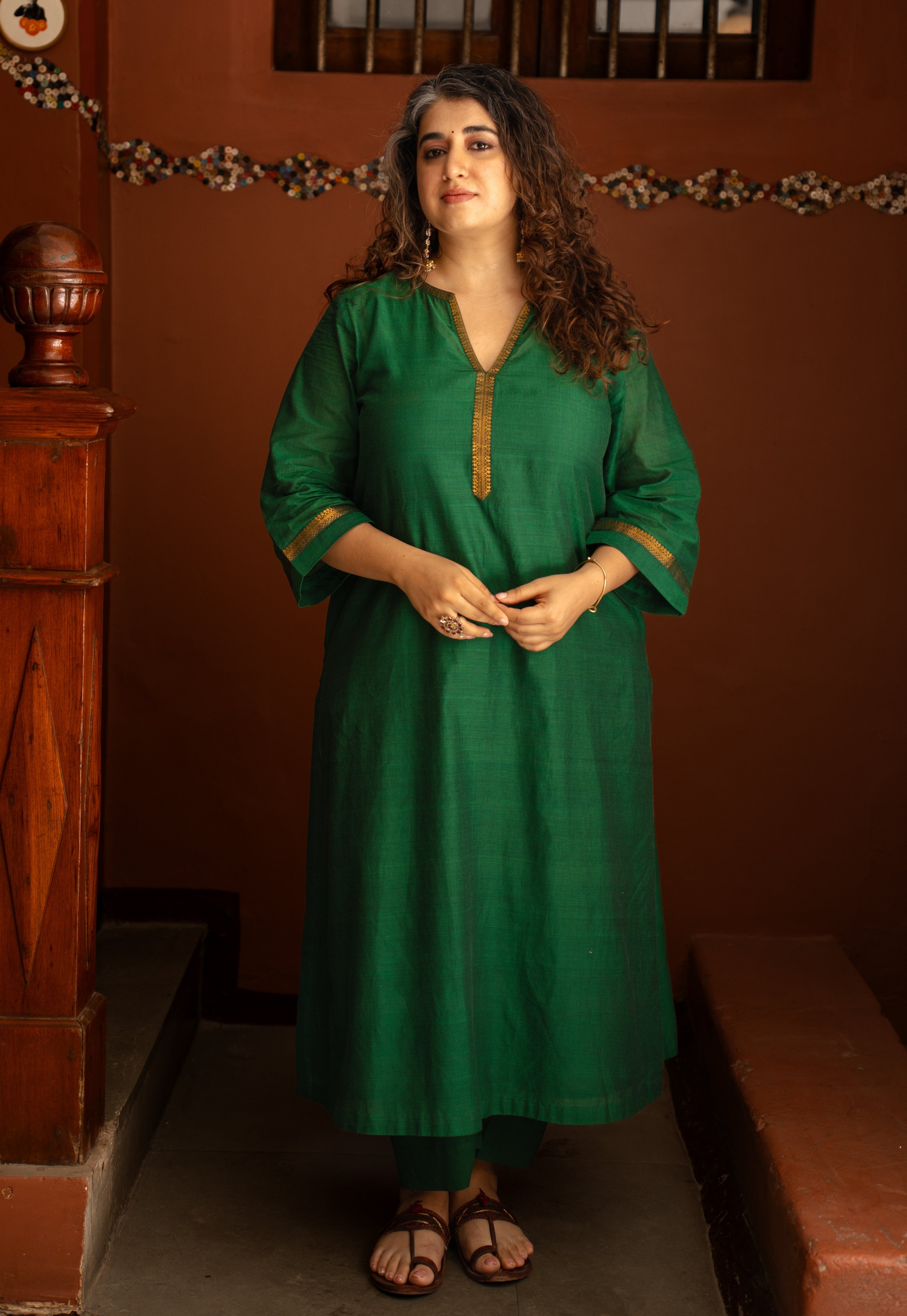 Alvira Green Mangalgiri Cotton Straight Kurta with Nizam Border