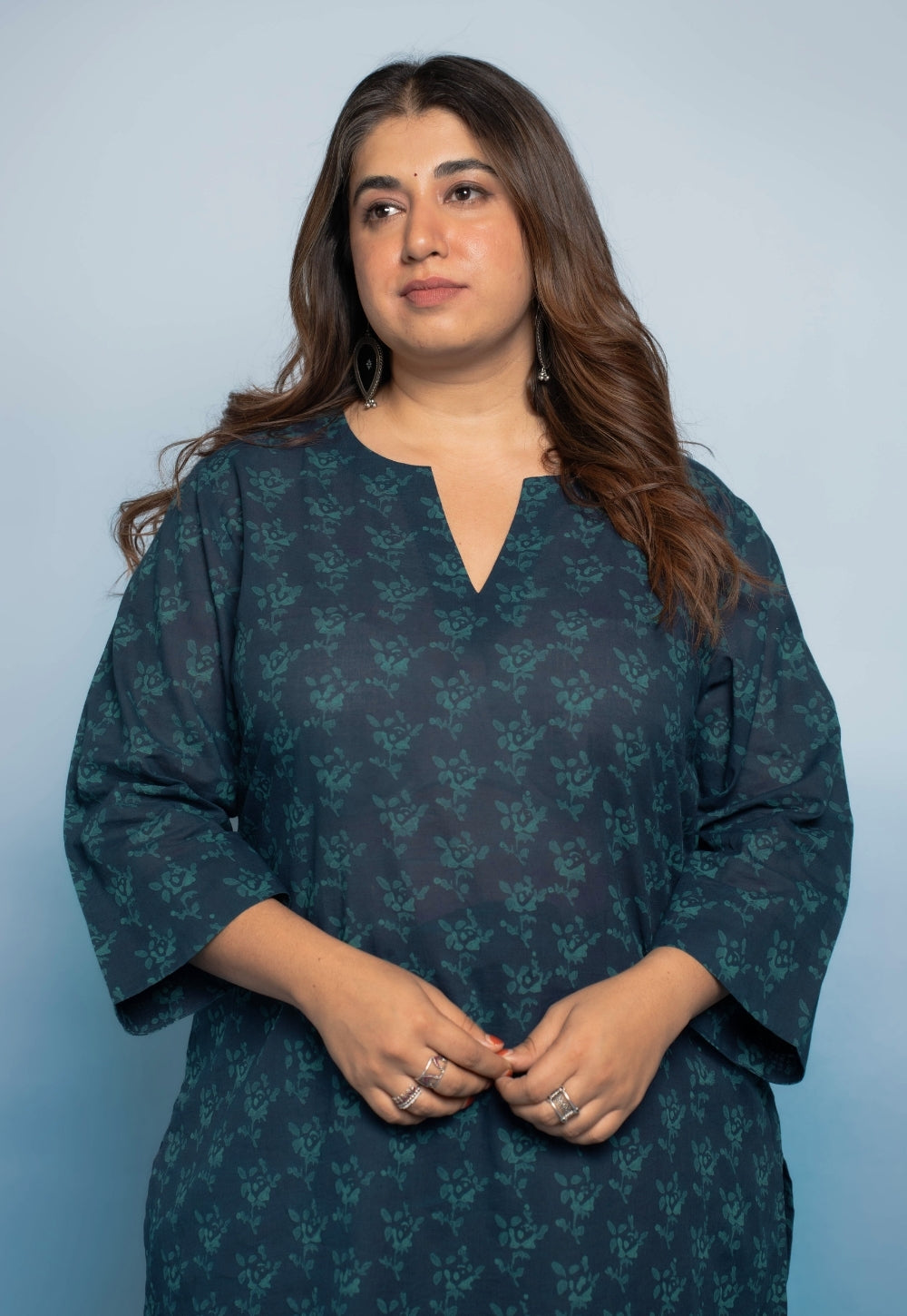 Anvi Blue Dabu Mul Cotton Straight Short Top