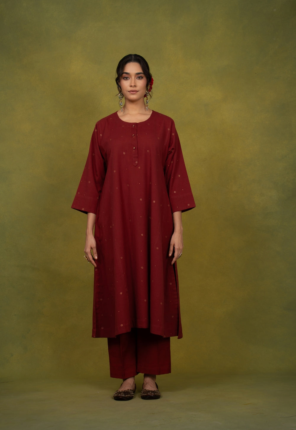 Alizah Maroon Rogan Handblock Printed Cotton Jhabbha Kali Suit Set (Set of 3)