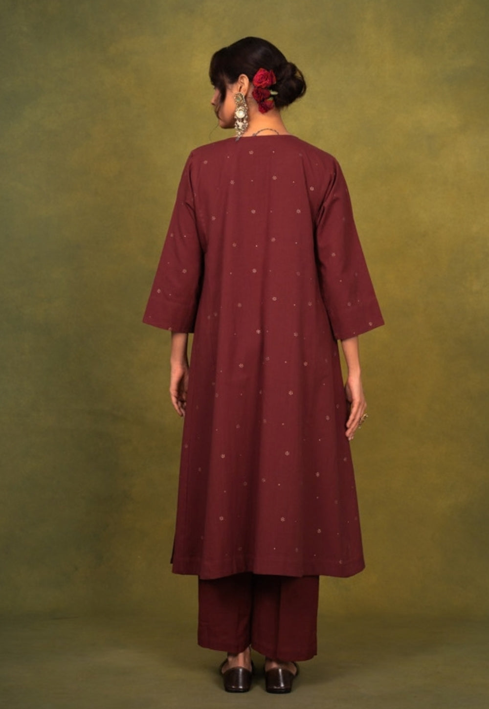 Alizah Maroon Rogan Handblock Printed Cotton Jhabbha Kali Suit Set (Set of 3)
