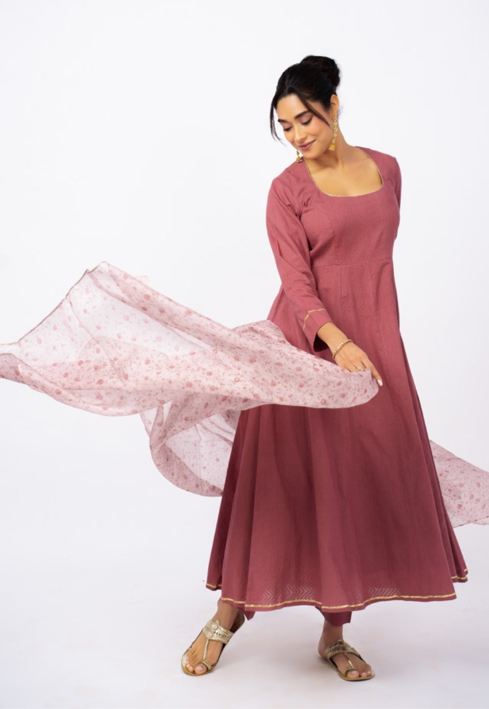 Kainat Pink Solid Cotton Kali Kurta Suit Set with Printed Dupatta (Set of 3)