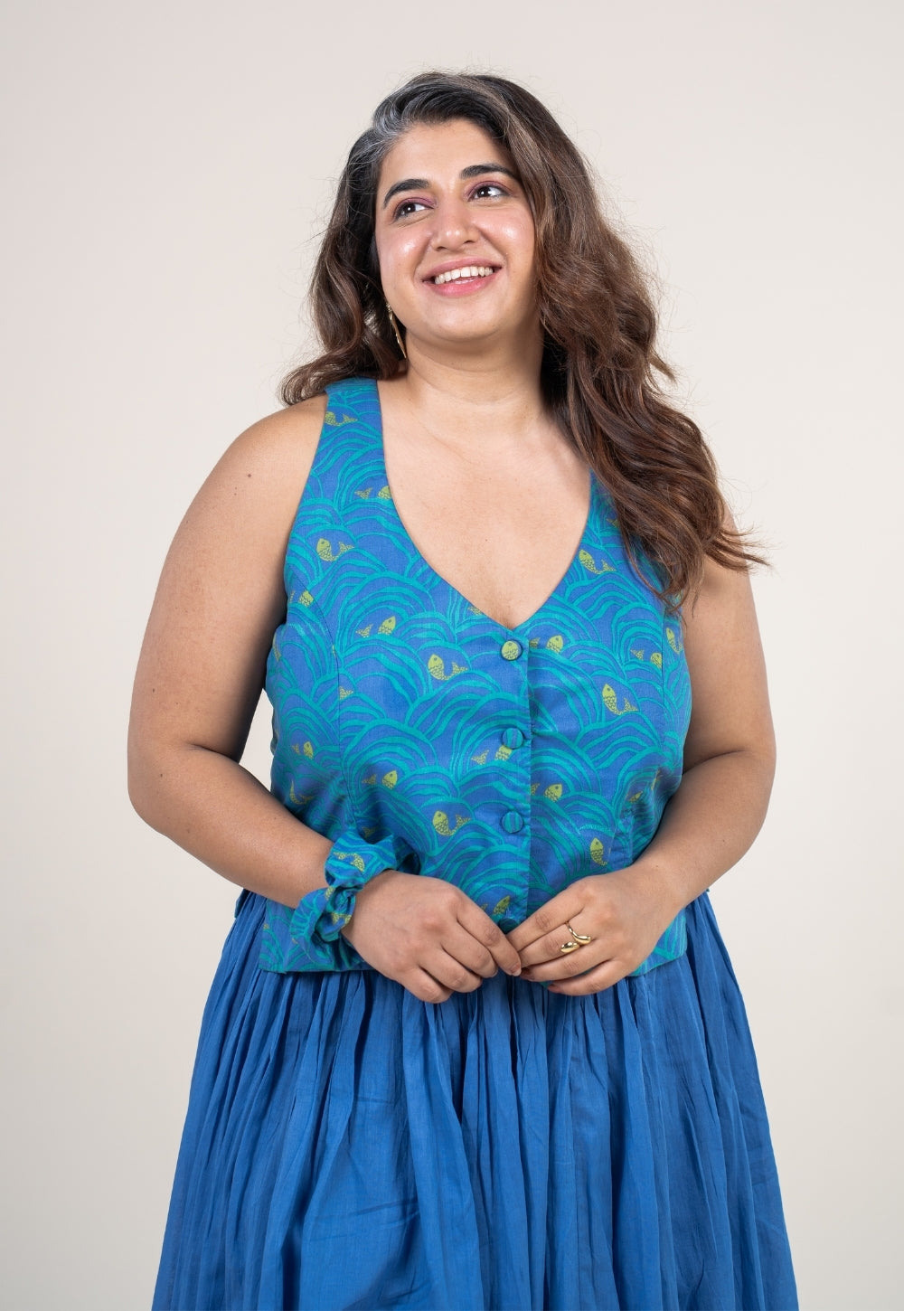 Gia Ink Blue Printed Cotton Straight Waistcoat Top