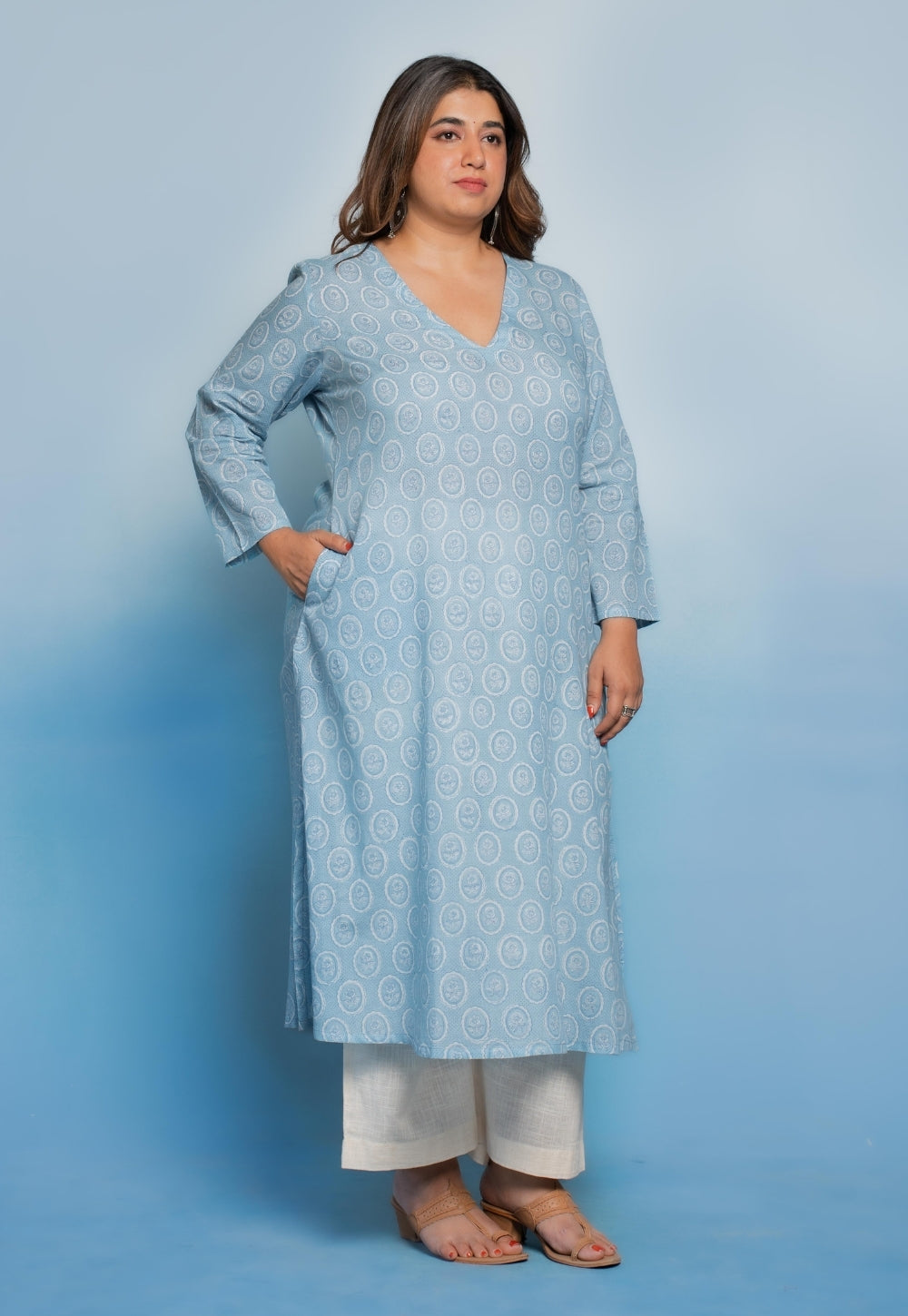 Rifaa Blue Dabu Mul Cotton A Line Kurta