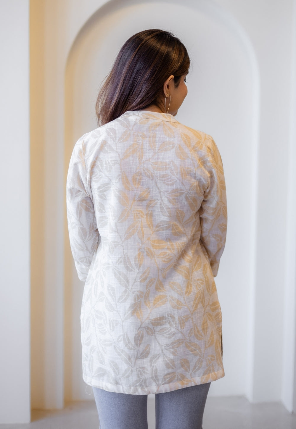 Zinia Beige Hand Block Print Slub Cotton Straight Short Top