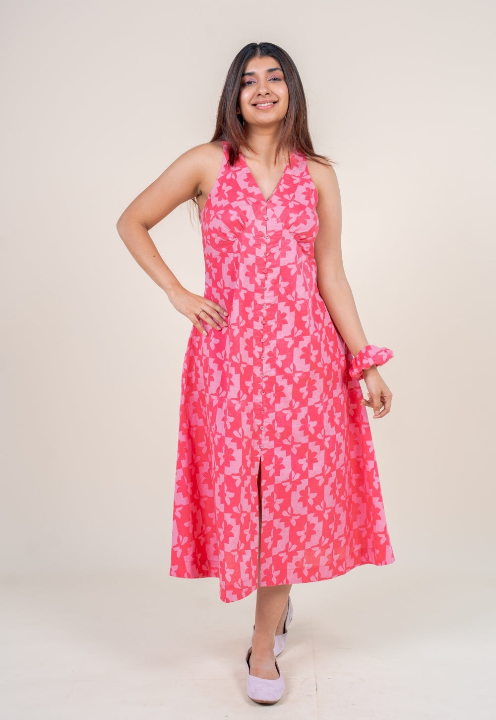 Riva Bright Pink Printed Cotton A Line Dress