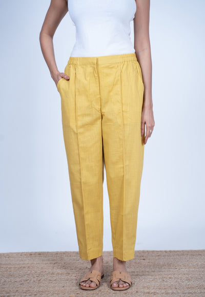 Myra Yellow Solid Slub Cotton Narrow Pant