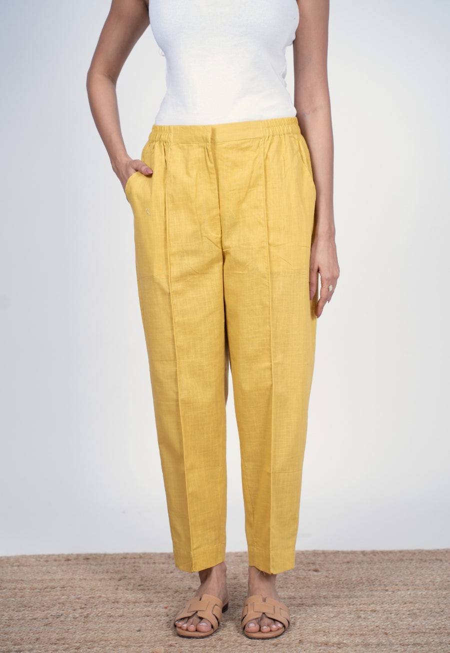 Myra Yellow Solid Slub Cotton Narrow Pant