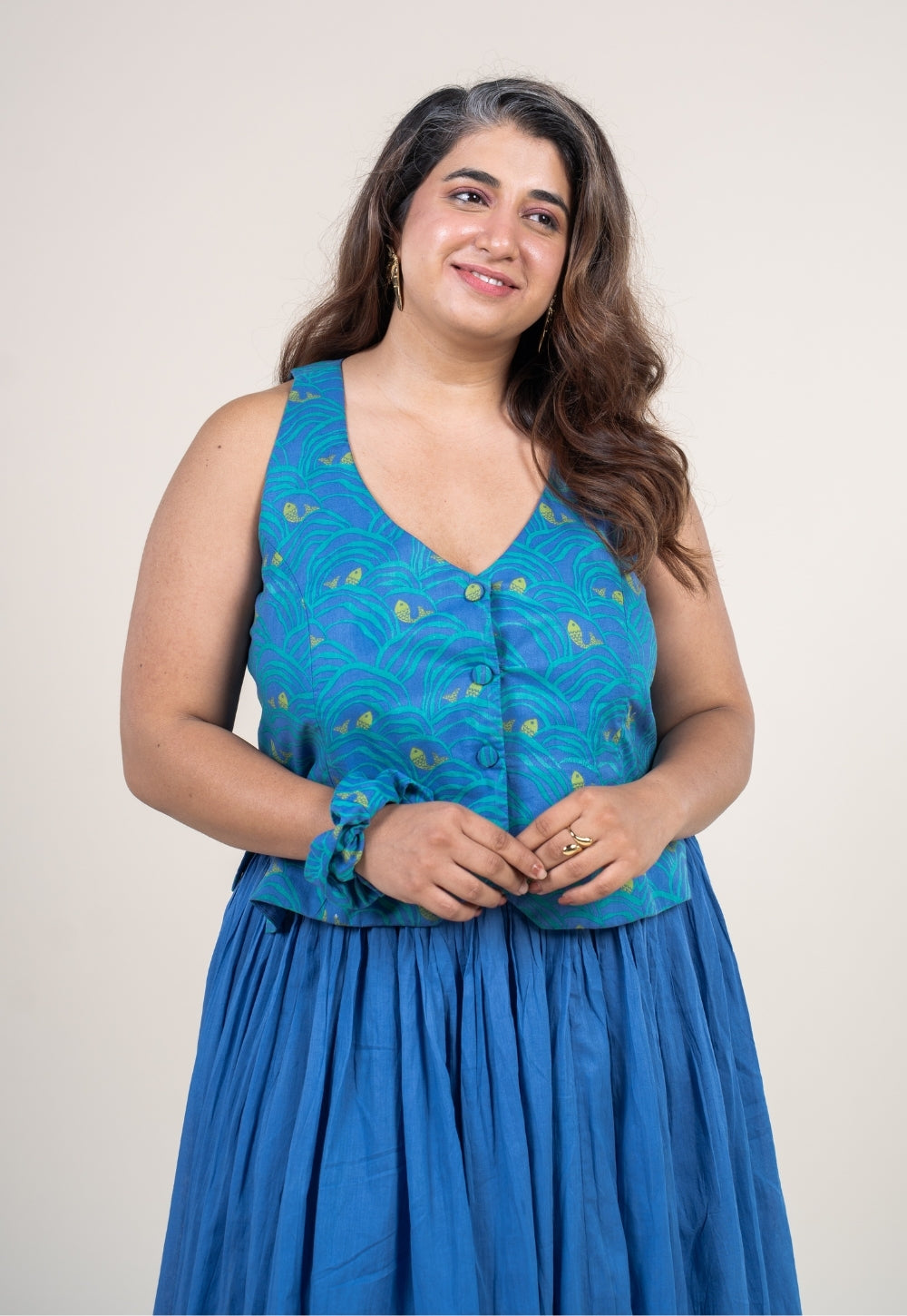 Gia Ink Blue Printed Cotton Straight Waistcoat Top