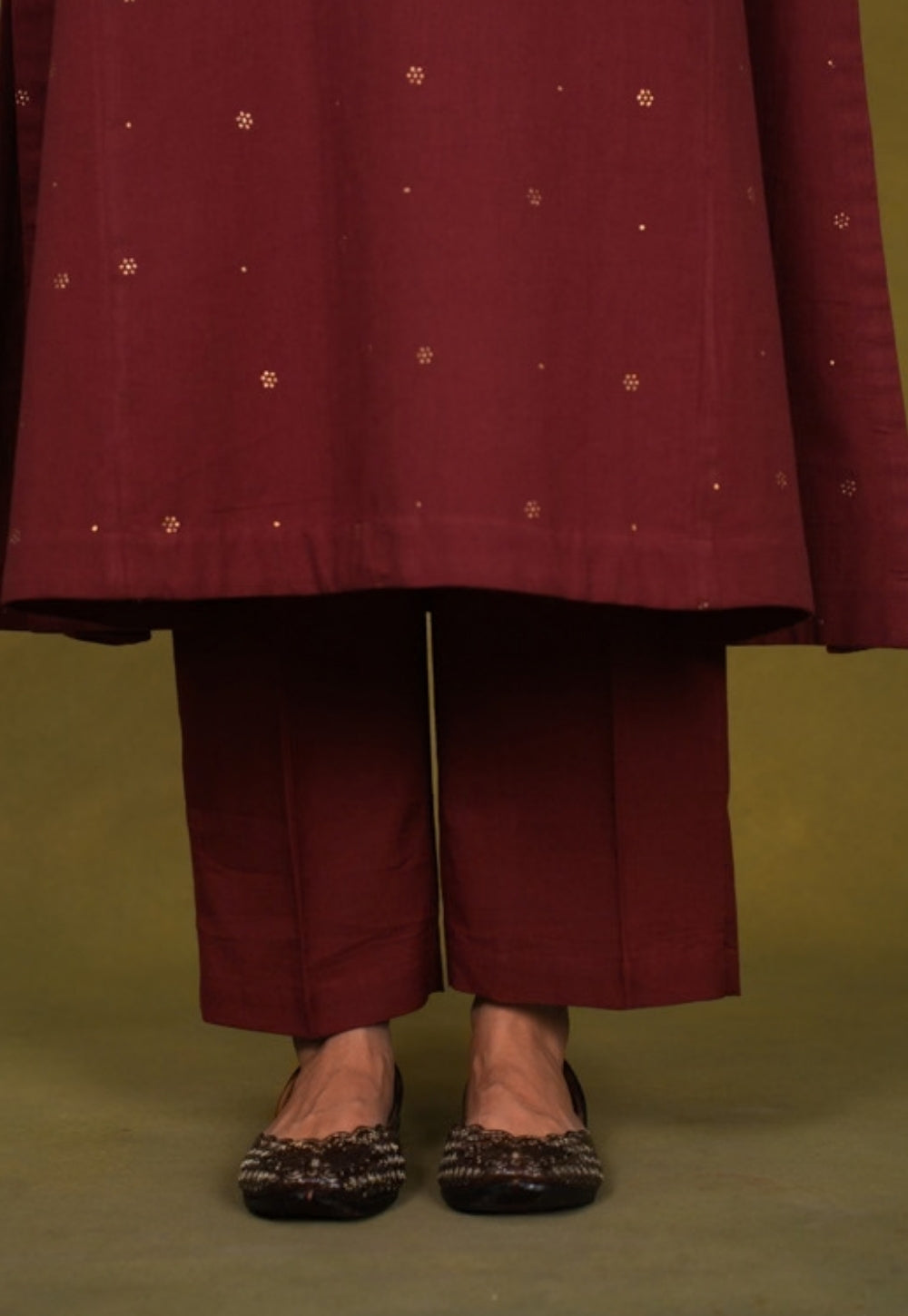 Alizah Maroon Rogan Handblock Printed Cotton Jhabbha Kali Suit Set (Set of 3)