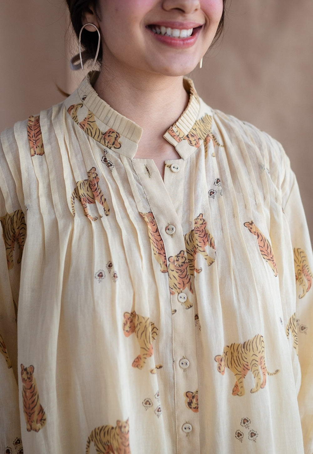 Kanha Bagh Ajrakh MulMul Light Yellow Cotton Top