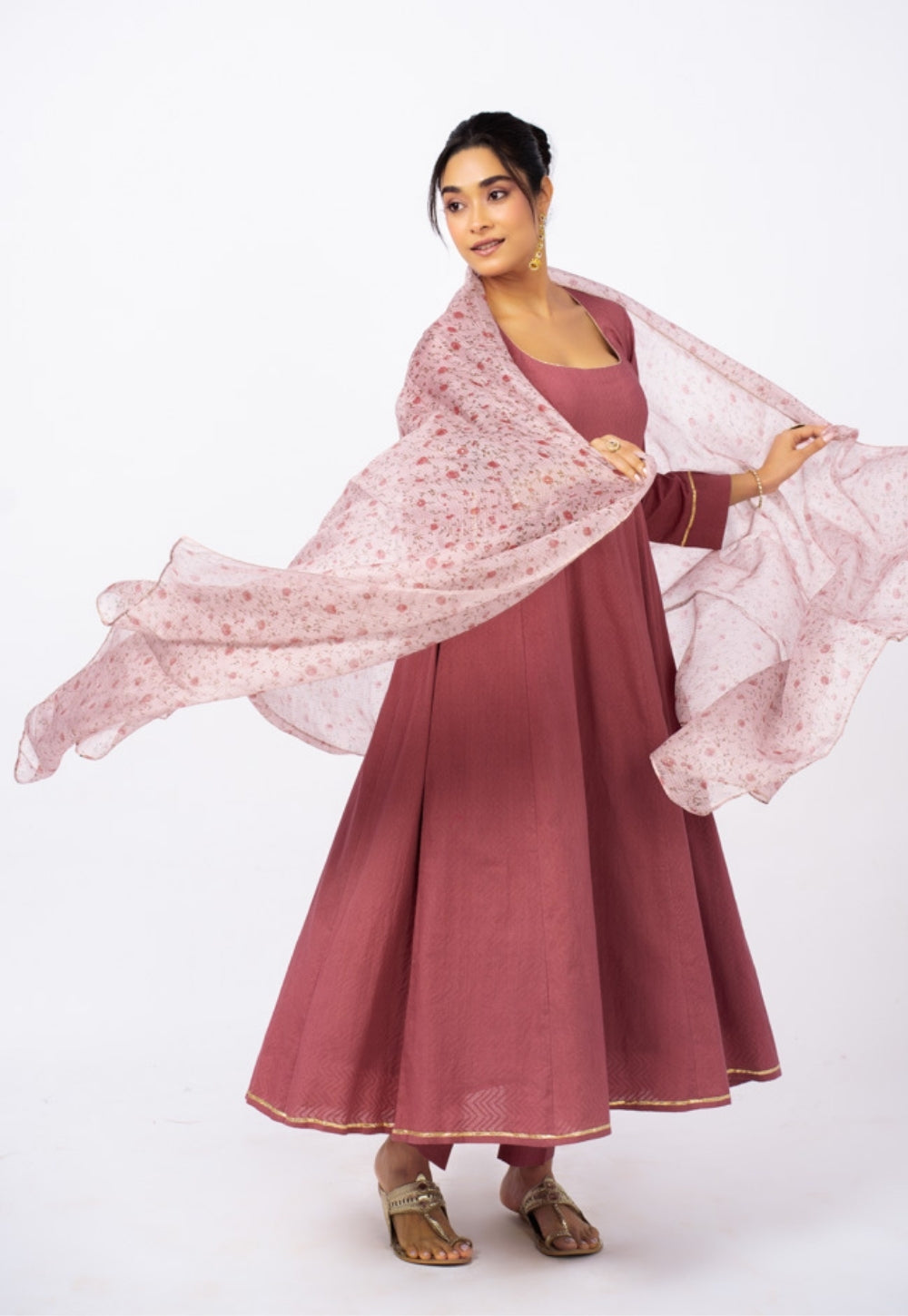Kainat Pink Solid Cotton Kali Kurta Suit Set with Printed Dupatta (Set of 3)