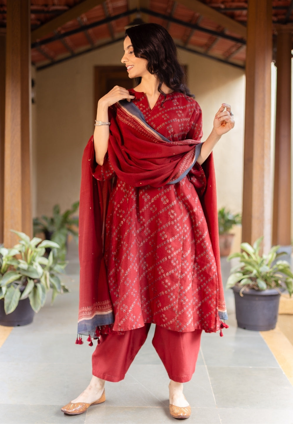 Ayra Madder Ajrakh Chanderi Silk Jhabbha Kali Kurta with Hand Embroidery