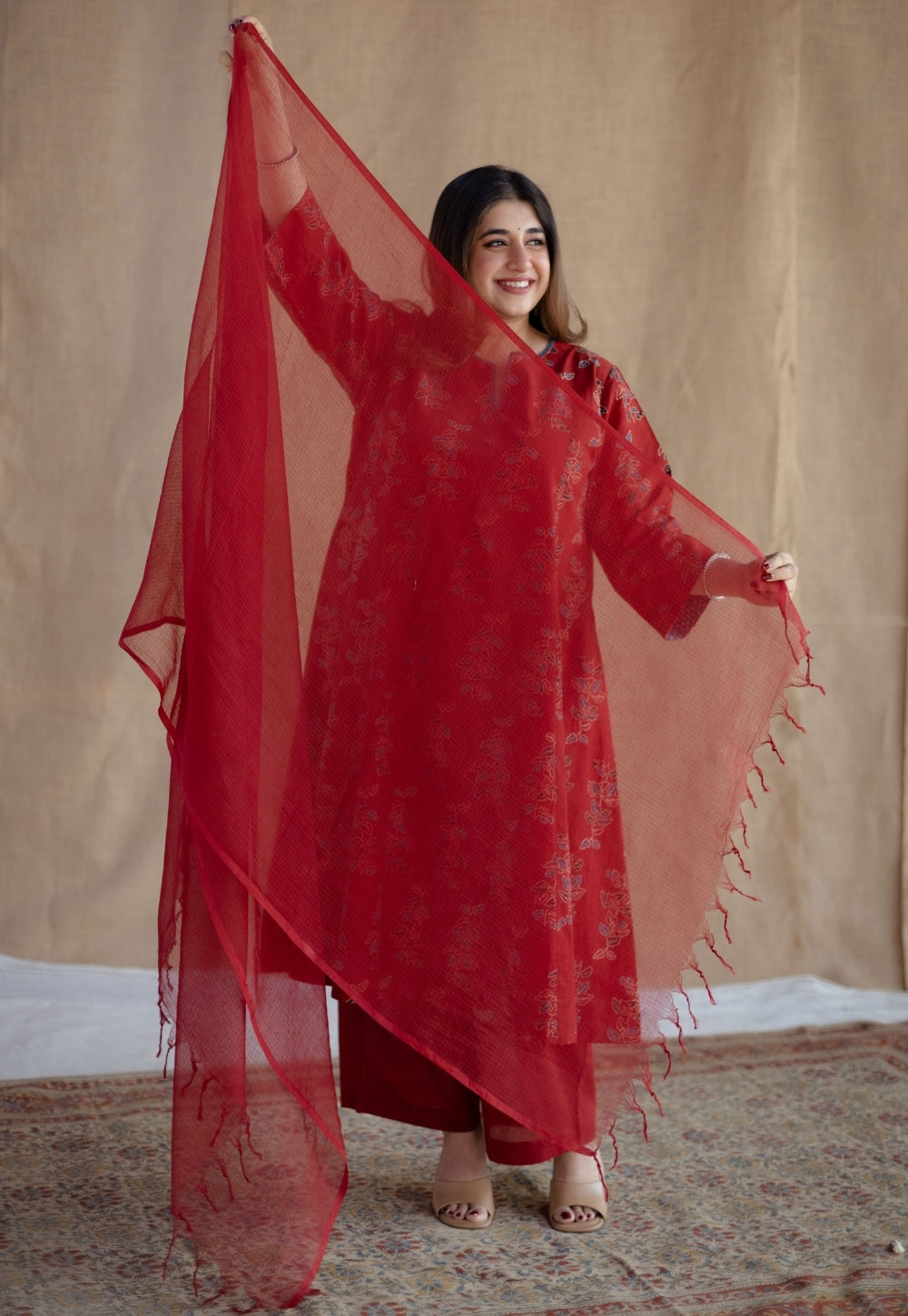 Red Solid Kota Doria Cotton Dupatta