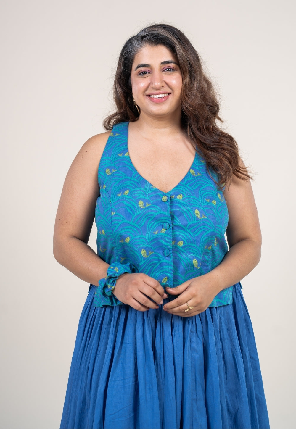 Gia Ink Blue Printed Cotton Straight Waistcoat Top