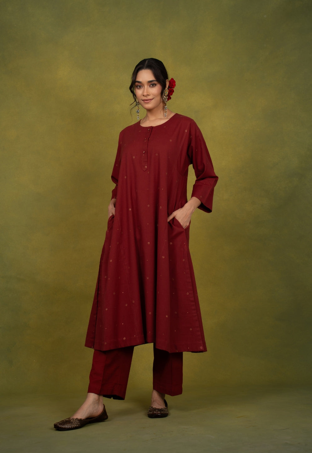 Alizah Maroon Rogan Handblock Printed Cotton Jhabbha Kali Suit Set (Set of 3)