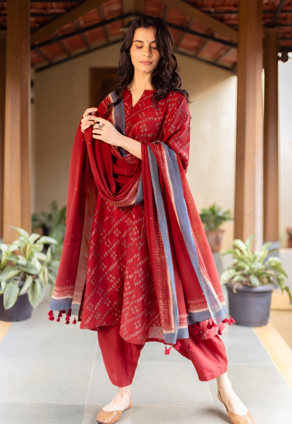 Ayra Madder Ajrakh Chanderi Silk Jhabbha Kali Kurta with Hand Embroidery