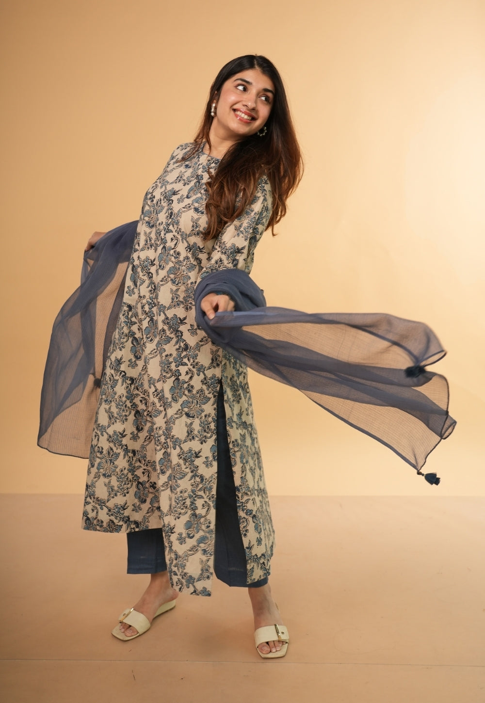 Tahira White Kalamkari Cotton A Line Kurta