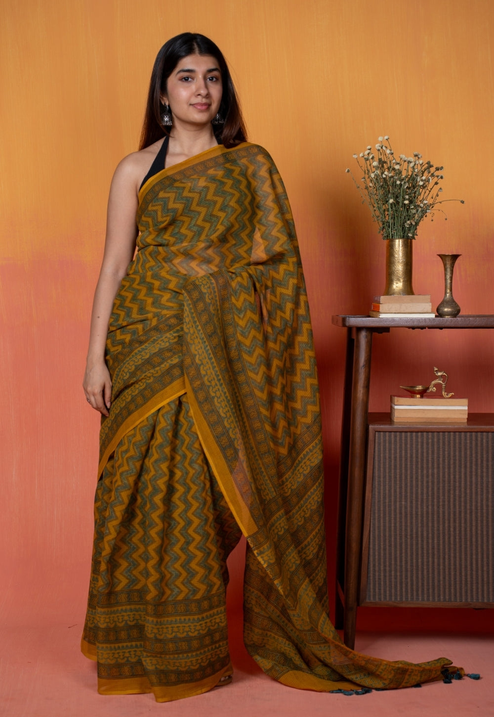 Yellow Zigzag Ajrakh Hand Block Print Kota Doria Cotton Saree