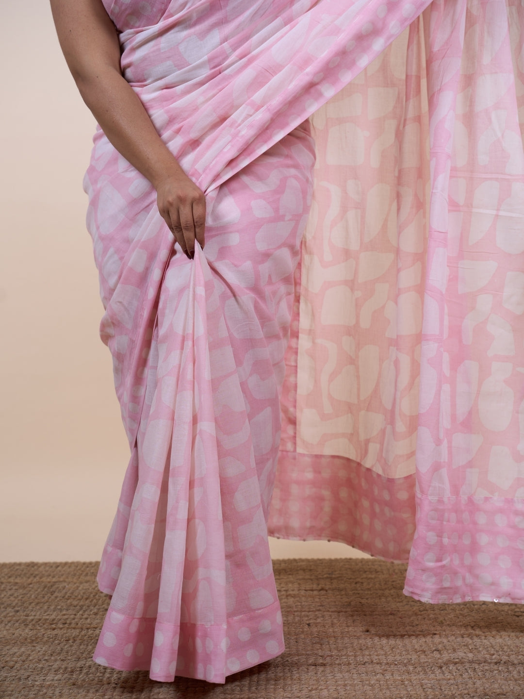 Laiba Pink Batik Hand Block Print Mul Cotton Saree with Embroidery