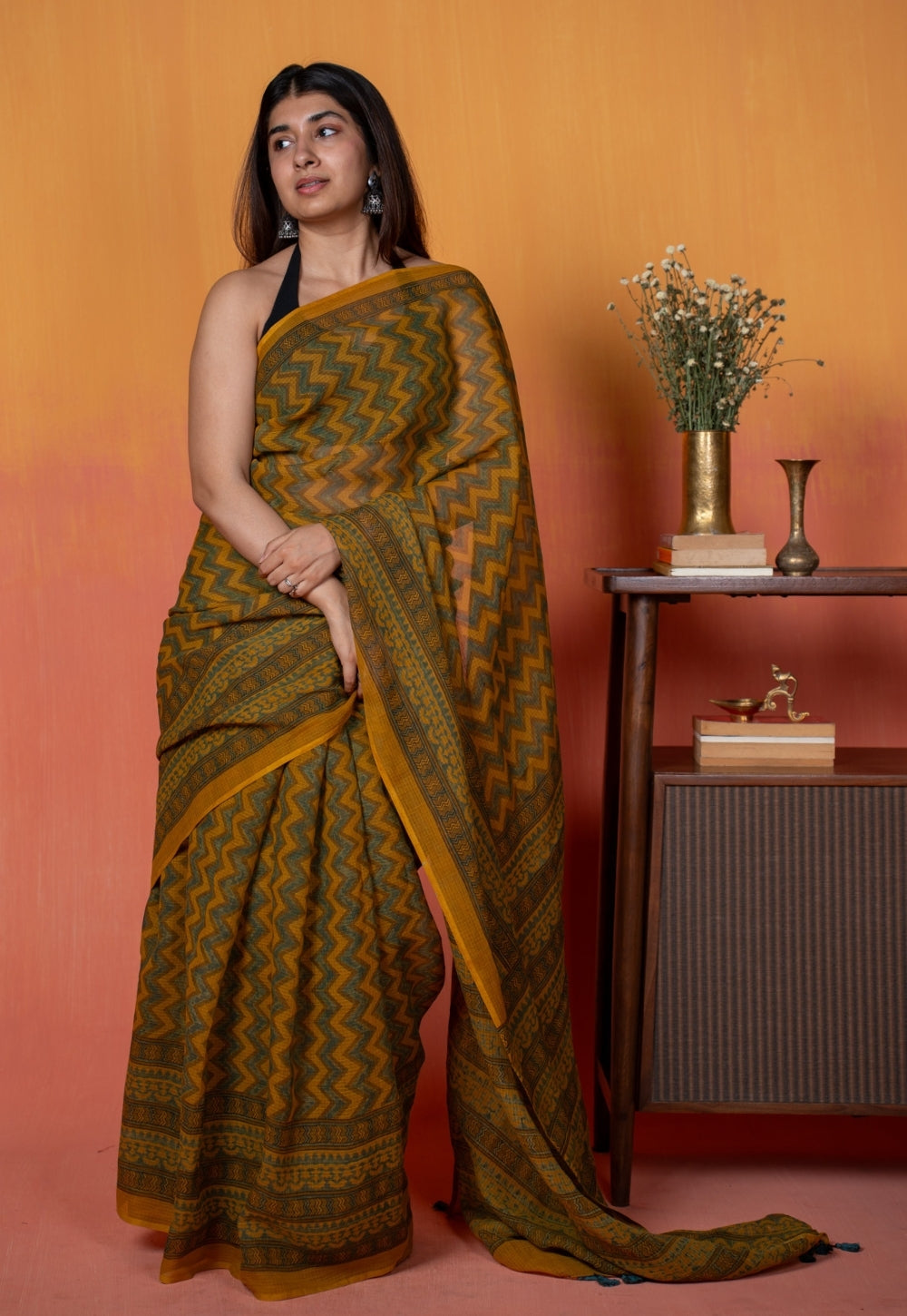 Yellow Zigzag Ajrakh Hand Block Print Kota Doria Cotton Saree