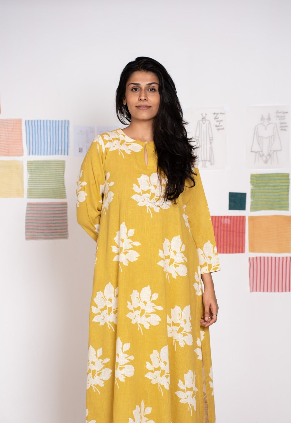 Zoohi Yellow Dabu Slub Cotton A Line Kurta