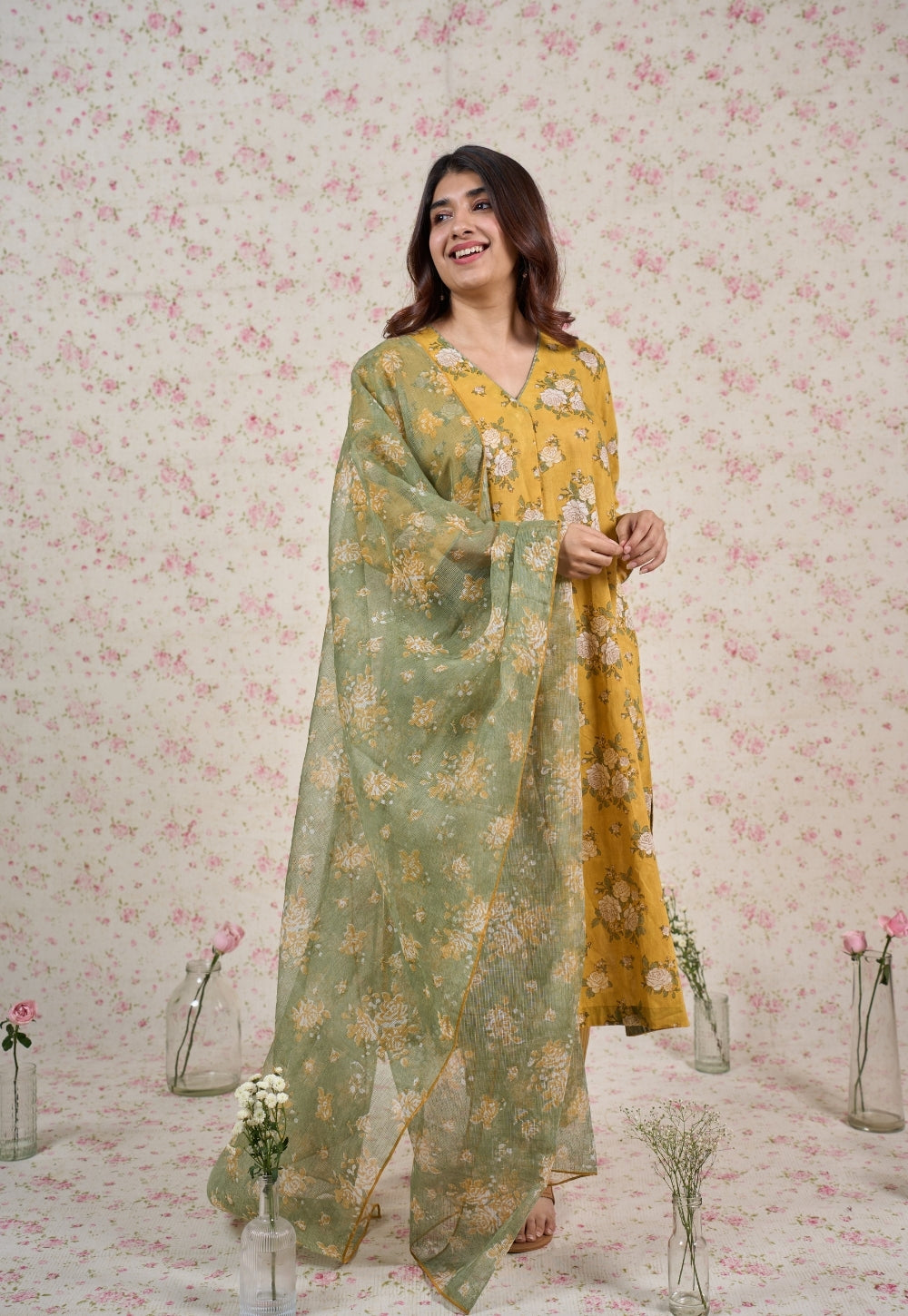 Rozin Green Sanganeri Kota Doria Cotton Dupatta