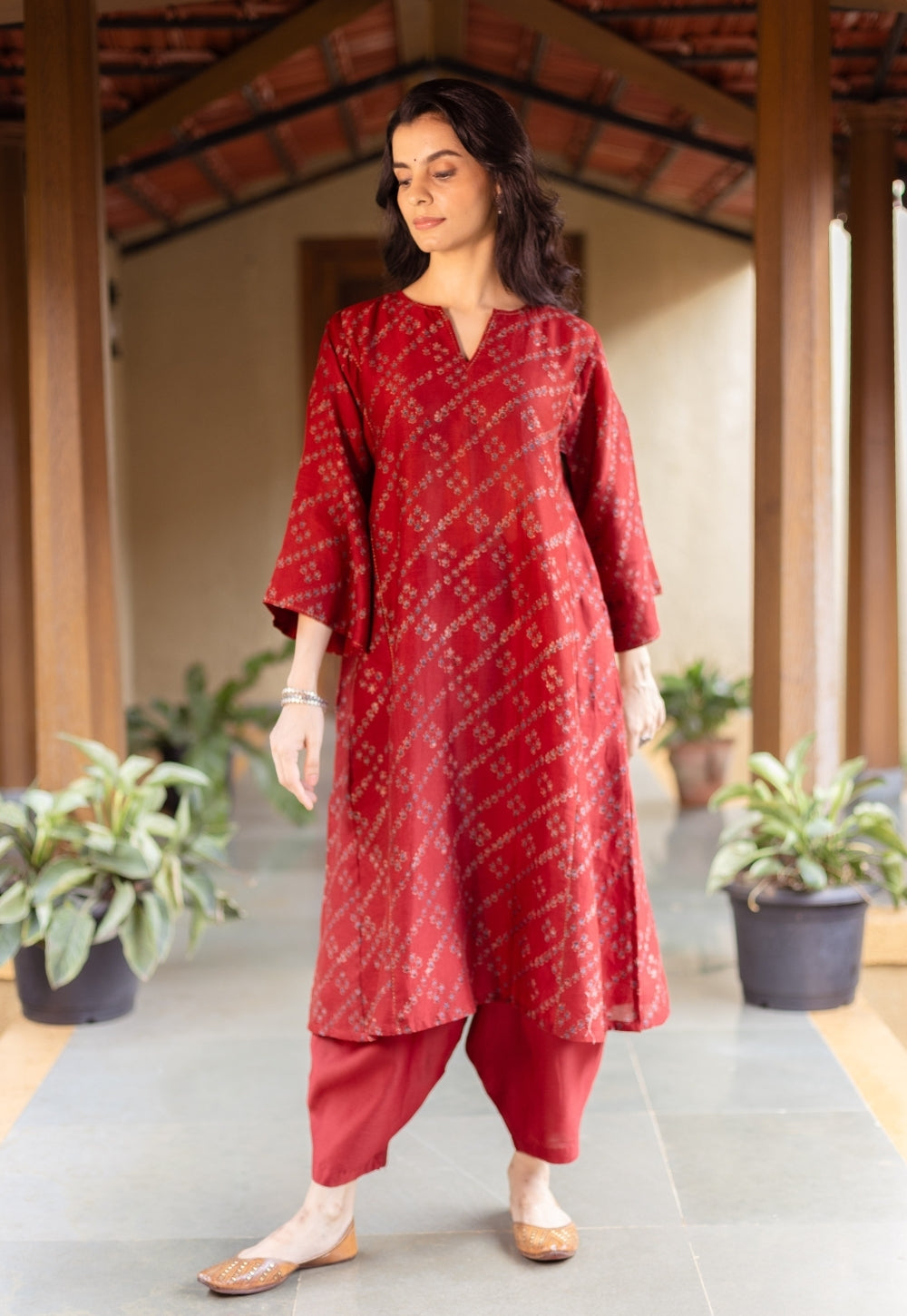 Ayra Madder Ajrakh Chanderi Silk Jhabbha Kali Kurta with Hand Embroidery