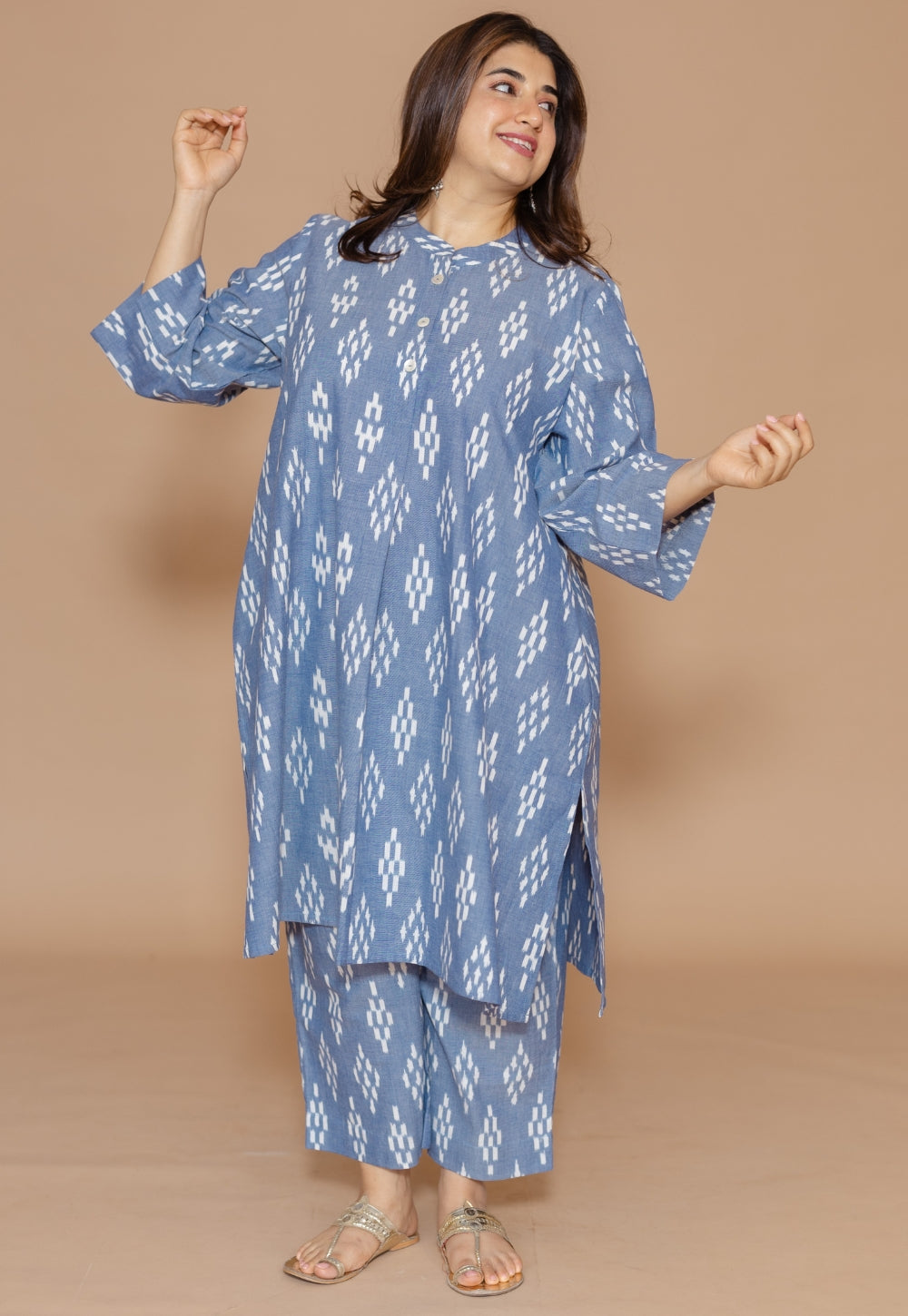 Ayaat Blue Handloom Ikkat Cotton Straight Co-Ord Set
