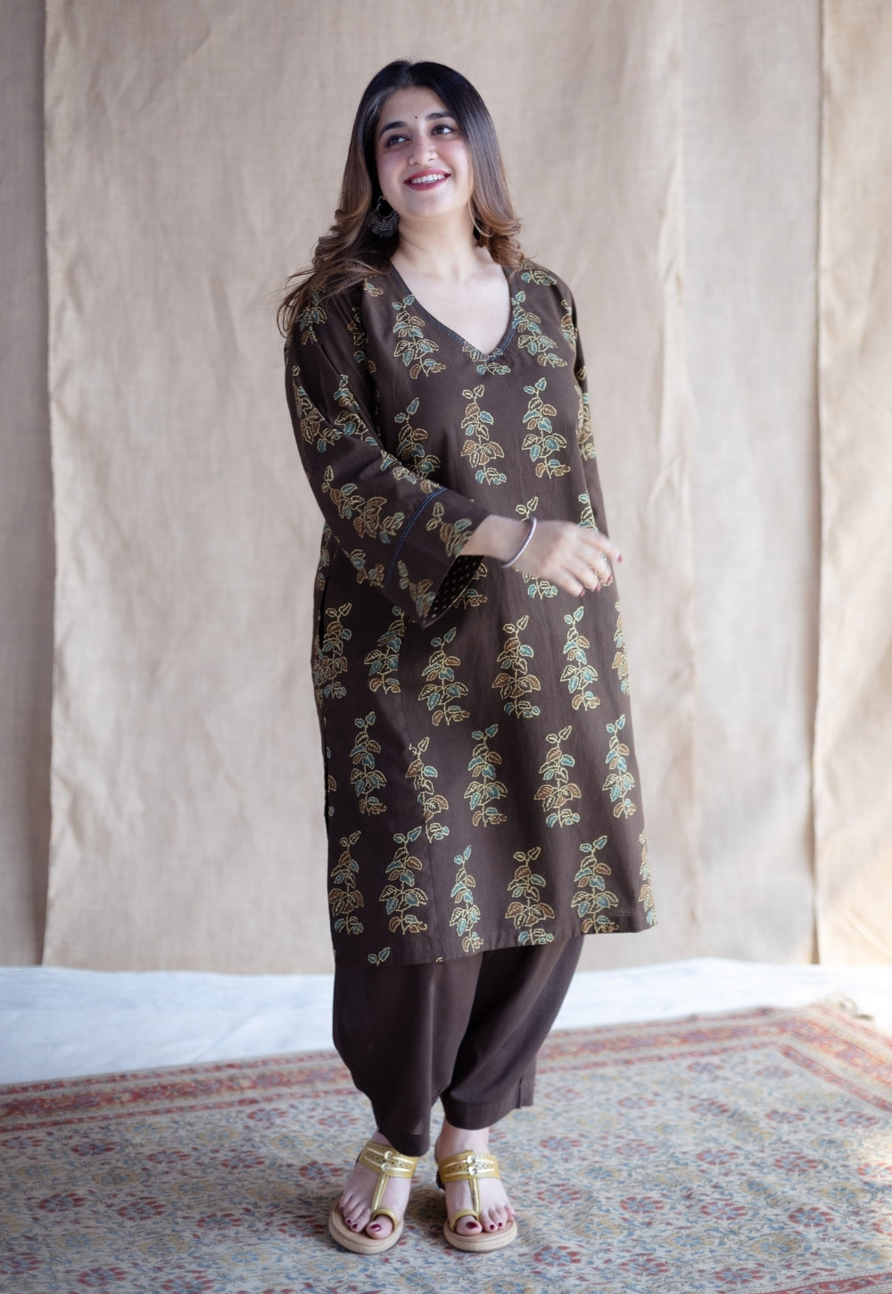 Saisha Brown Ajrakh Cotton Jhabbha Kali Kurta Set (Set of 2)