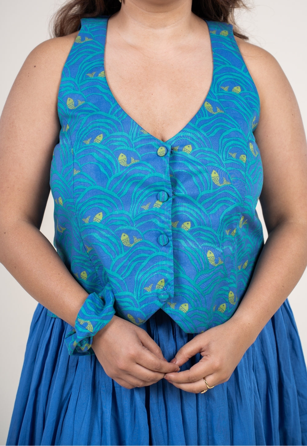 Gia Ink Blue Printed Cotton Straight Waistcoat Top