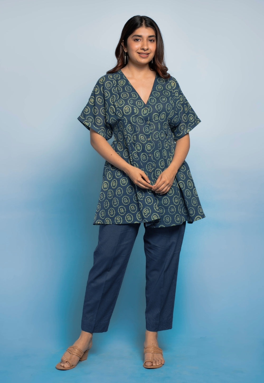 Stuti Teal Blue Dabu Mul Cotton A Line Short Top