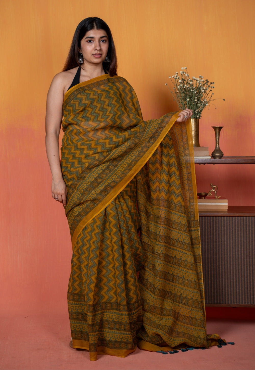 Yellow Zigzag Ajrakh Hand Block Print Kota Doria Cotton Saree