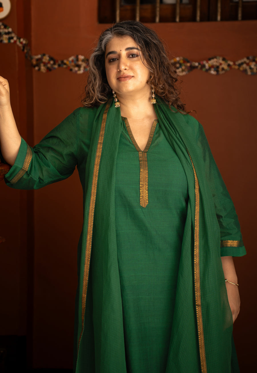 Green Solid Kota Doria Cotton Dupatta with Mangalgiri Border