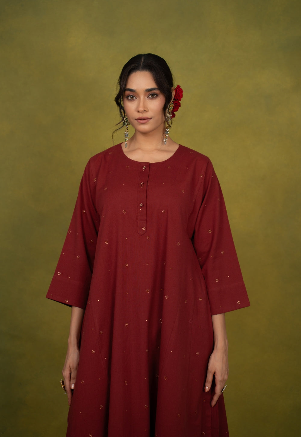 Alizah Maroon Rogan Handblock Printed Cotton Jhabbha Kali Suit Set (Set of 3)