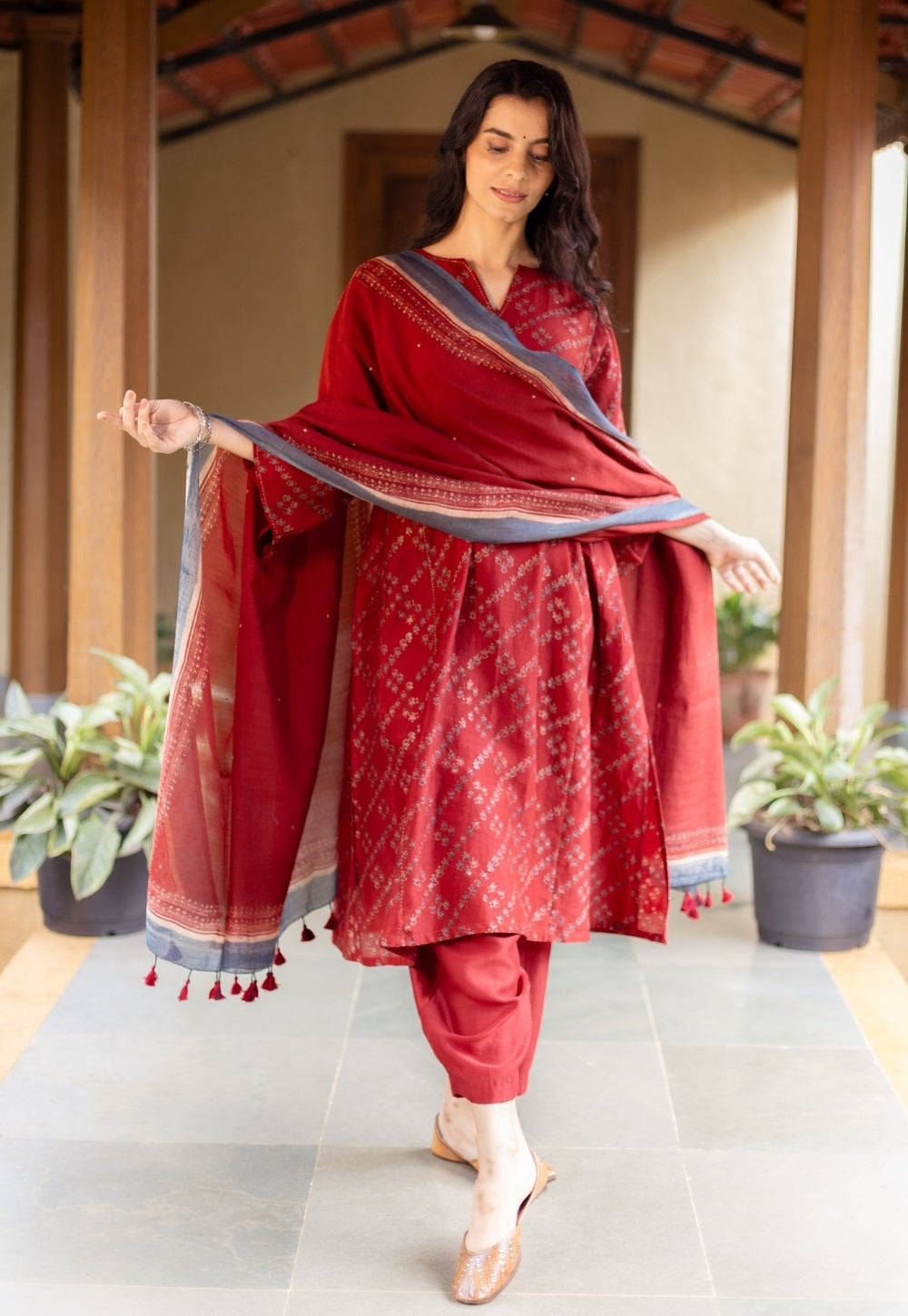 Ayra Madder Ajrakh Chanderi Silk Jhabbha Kali Kurta with Hand Embroidery