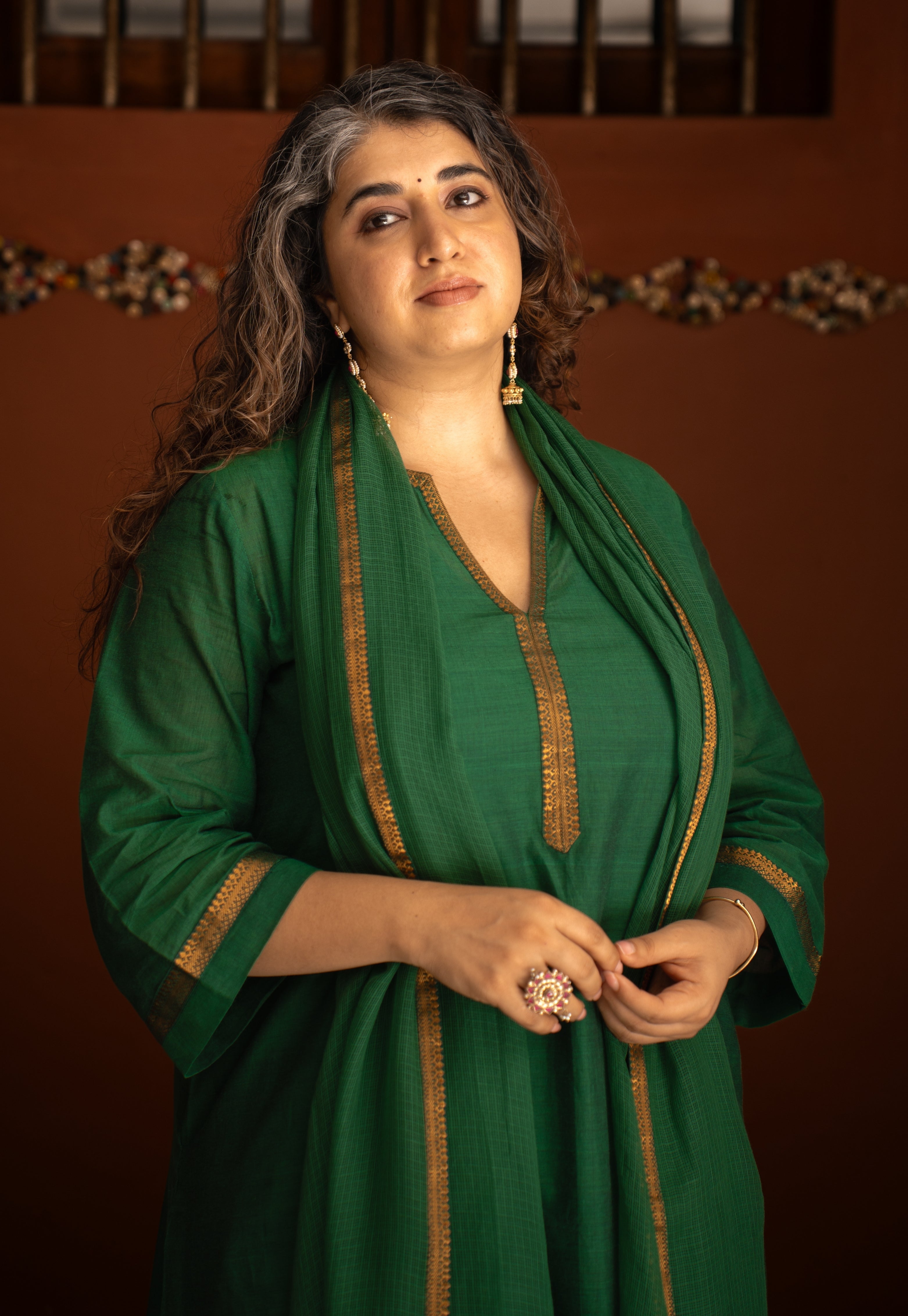 Green Solid Kota Doria Cotton Dupatta with Mangalgiri Border