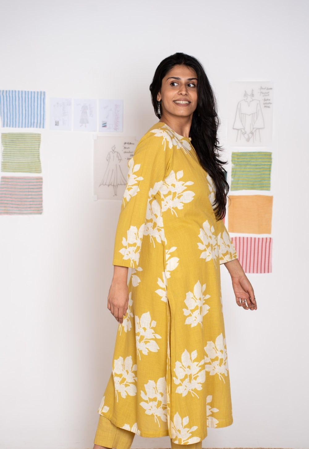 Zoohi Yellow Dabu Slub Cotton A Line Kurta