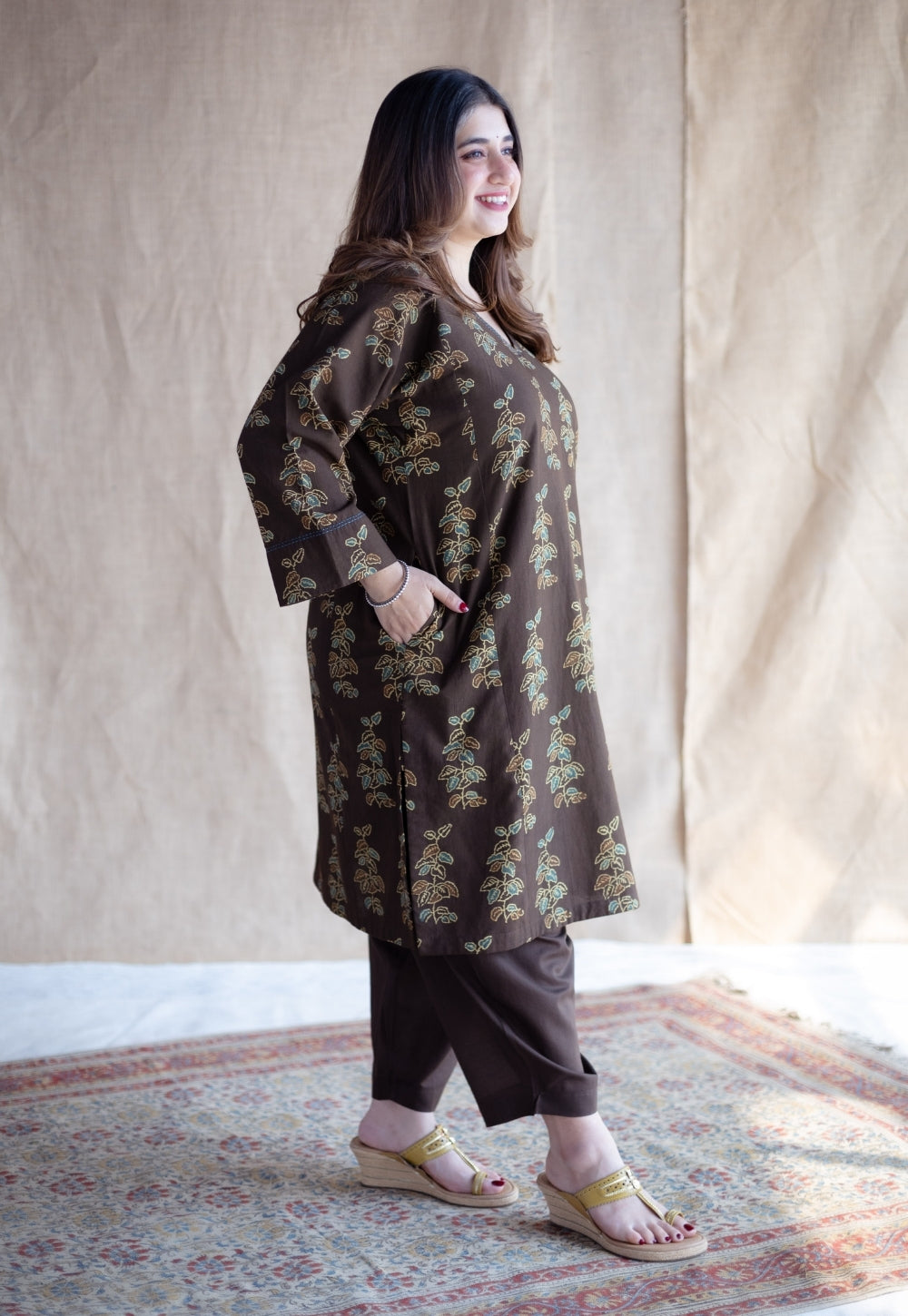 Saisha Brown Ajrakh Cotton Jhabbha Kali Kurta Set (Set of 2)