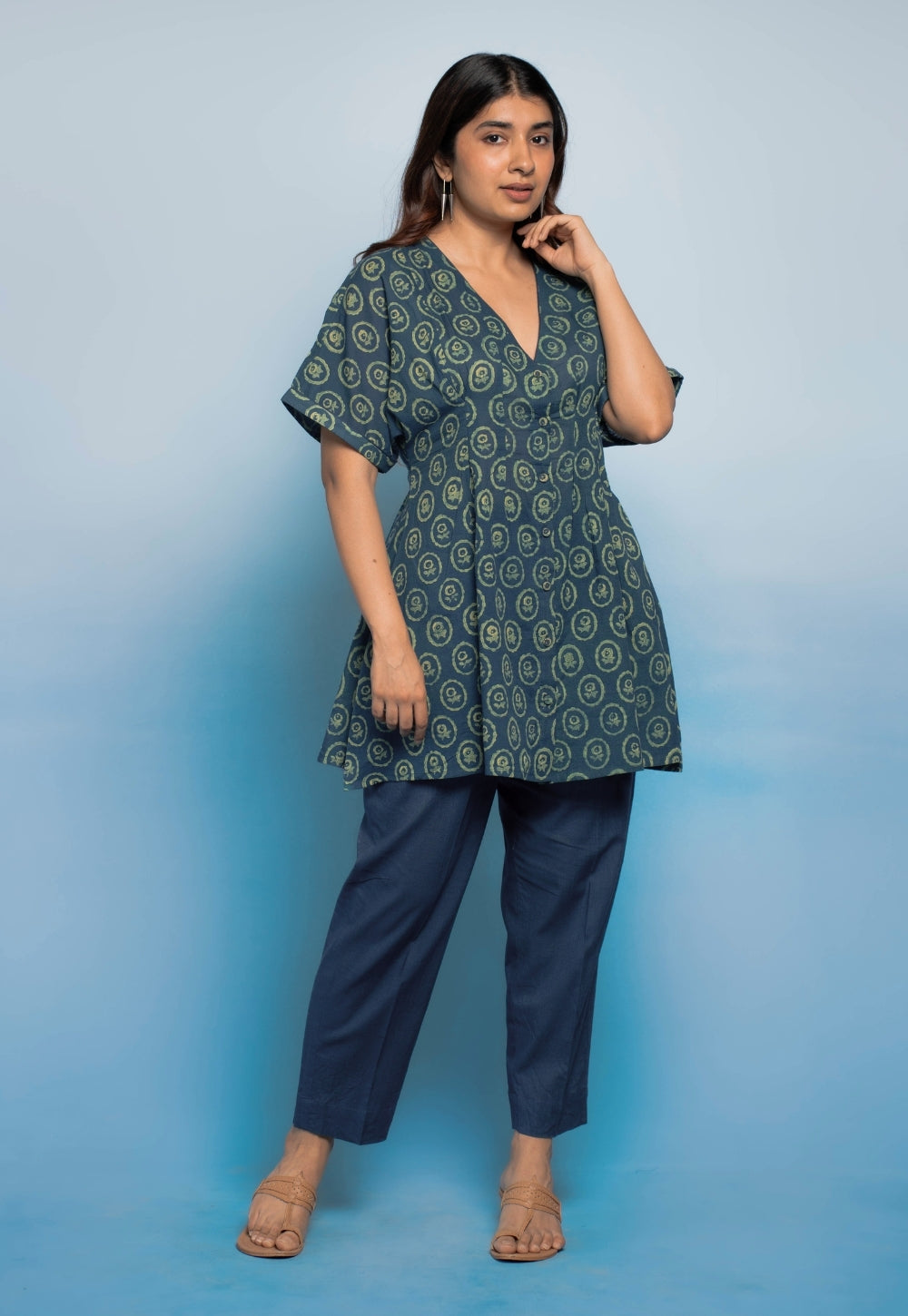 Stuti Teal Blue Dabu Mul Cotton A Line Short Top