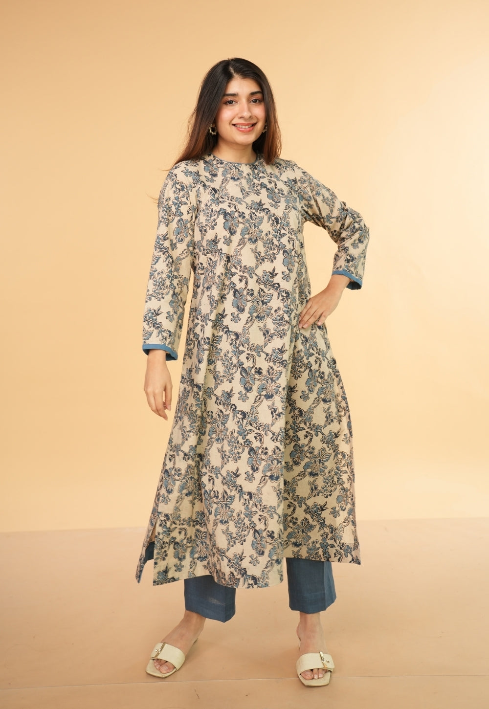 Tahira White Kalamkari Cotton A Line Kurta