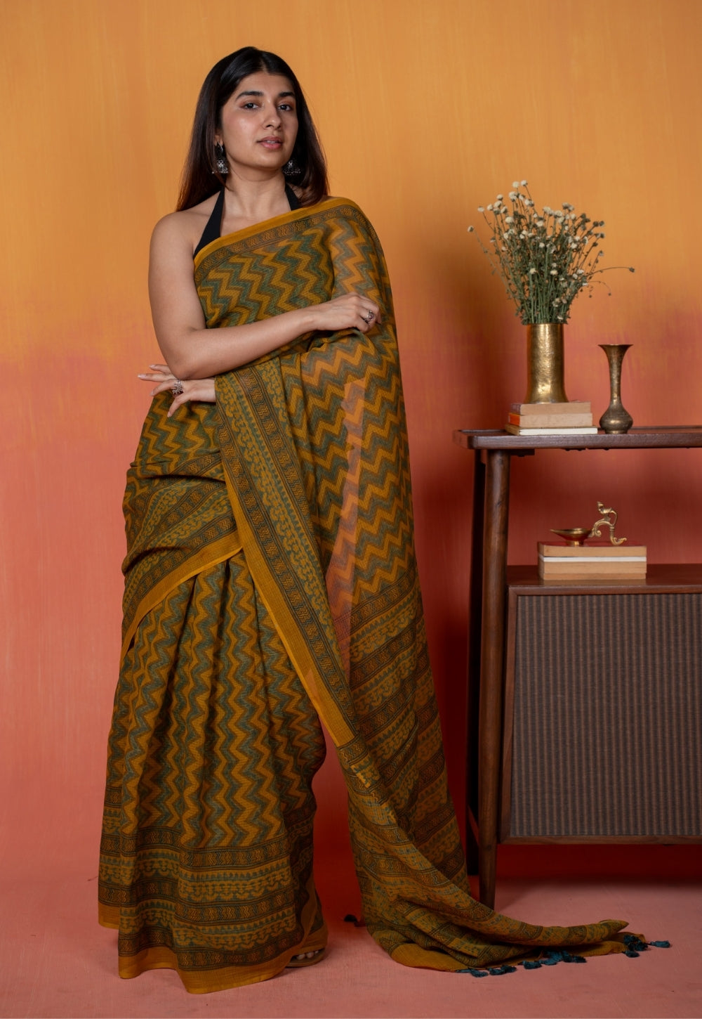 Yellow Zigzag Ajrakh Hand Block Print Kota Doria Cotton Saree