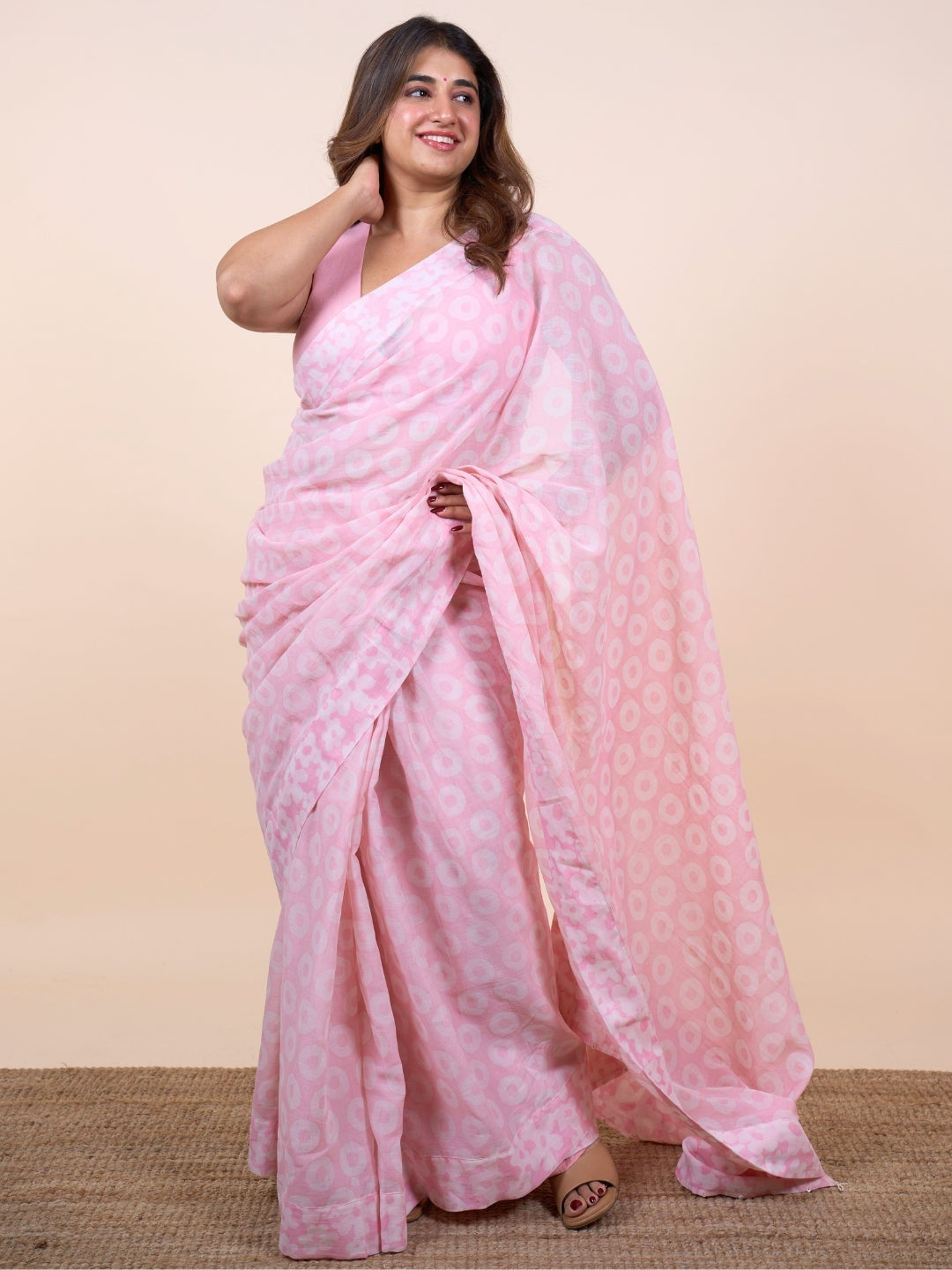 Bushra Pink Batik Hand Block Print Mul Cotton Saree with Embroidery