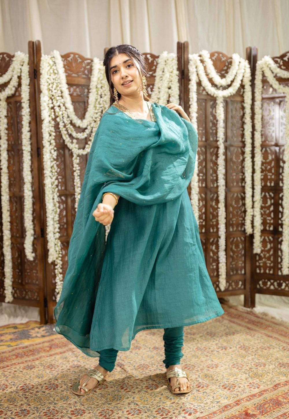 Srisha Peacock Green A Line Chanderi Silk Gota Patti Kurta Set (Set of 3)