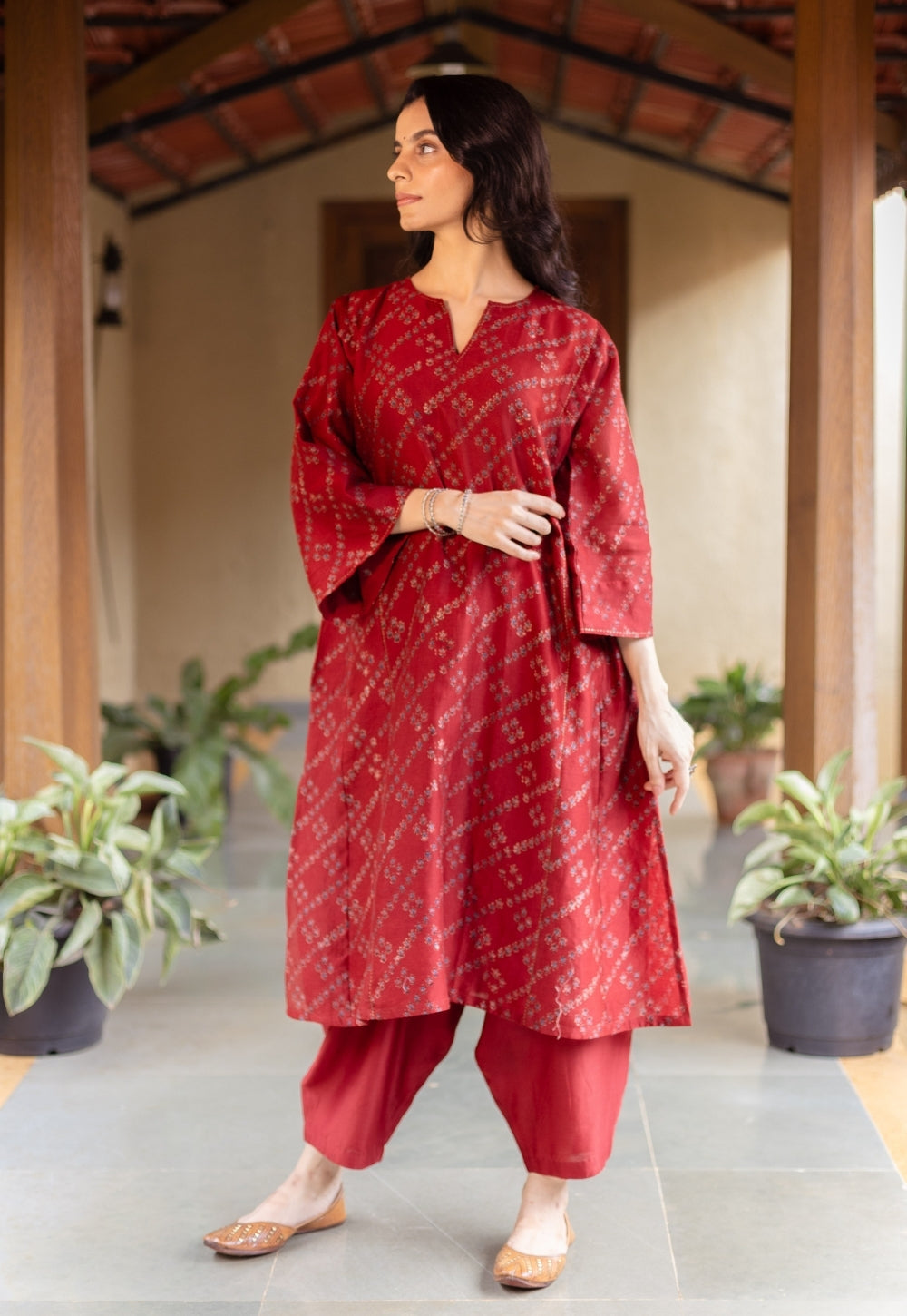 Ayra Madder Ajrakh Chanderi Silk Jhabbha Kali Kurta with Hand Embroidery